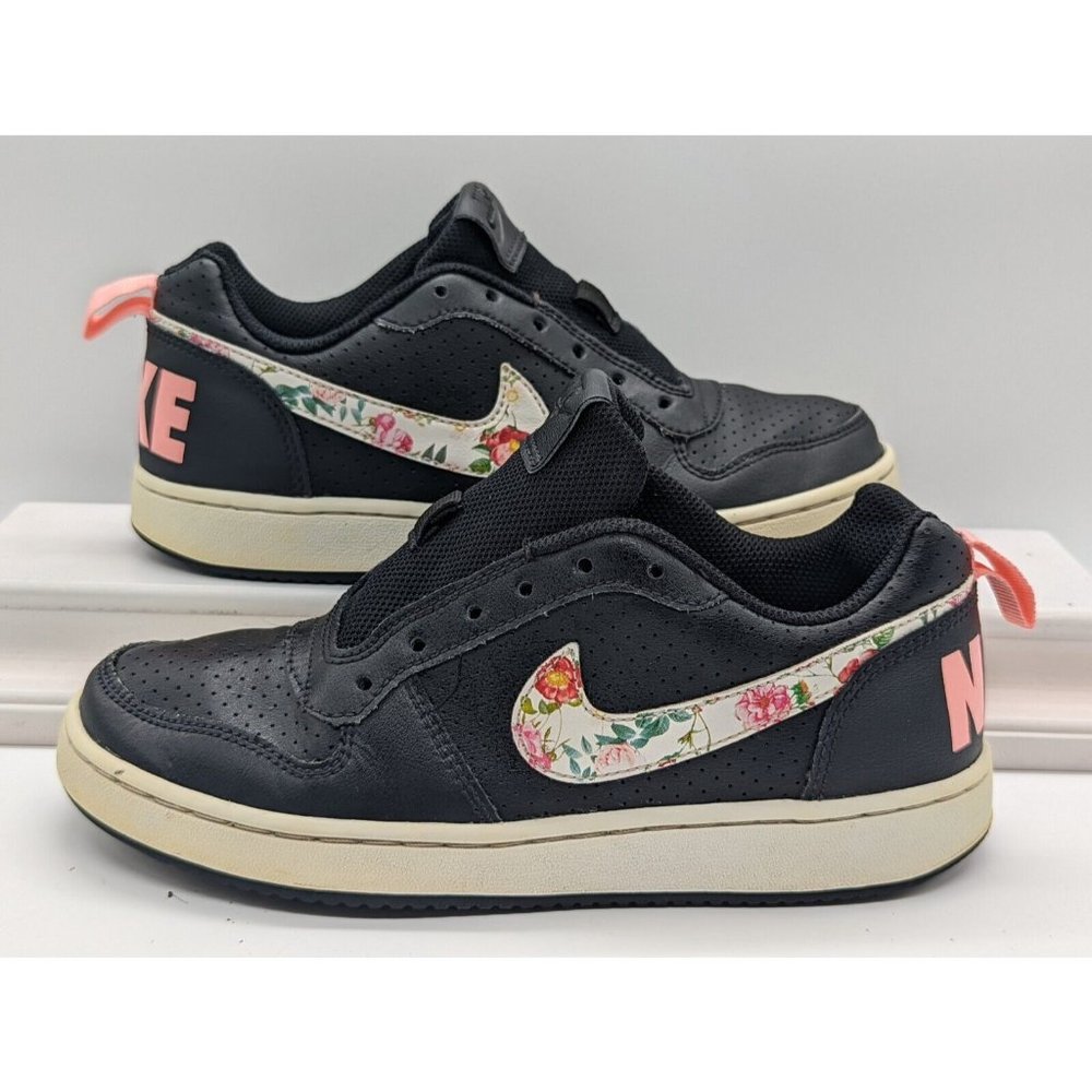 Nike Girl Court Borough BQ7031-001 Black Sneaker No Laces Sz 4.5Y Floral Swoosh
